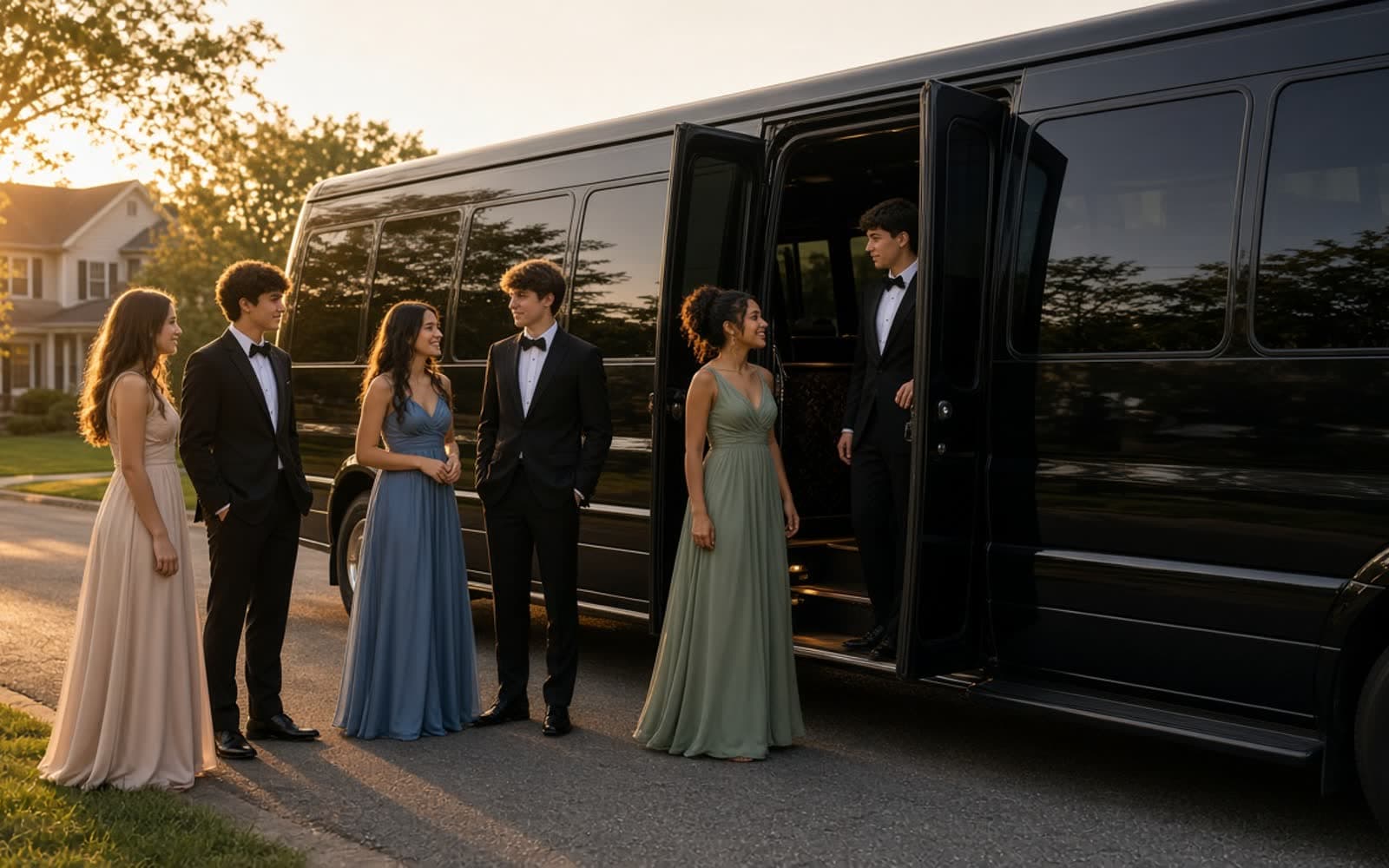 Prom group in formalwear before boarding