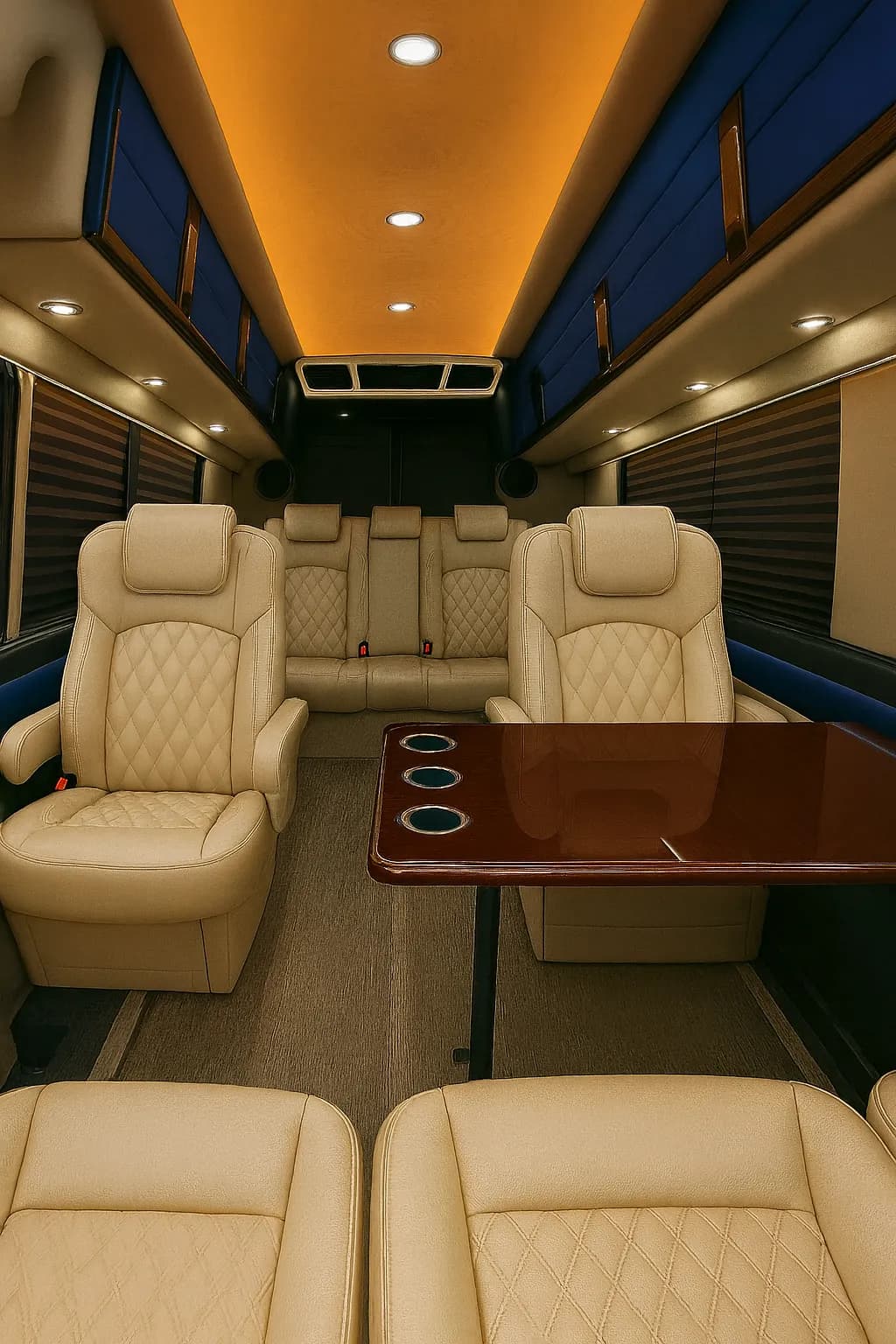 Captain's chairs inside a 12-passenger executive Sprinter van