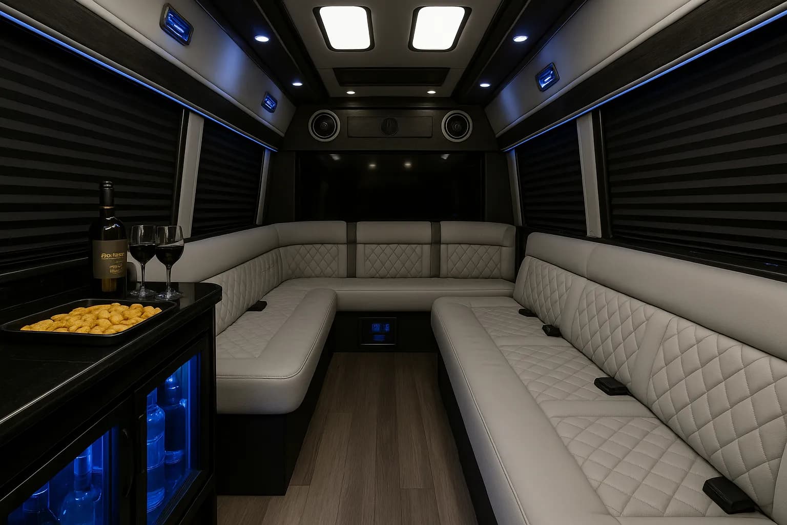 Interior of a 14-passenger limo Sprinter, a fit for small brewery groups