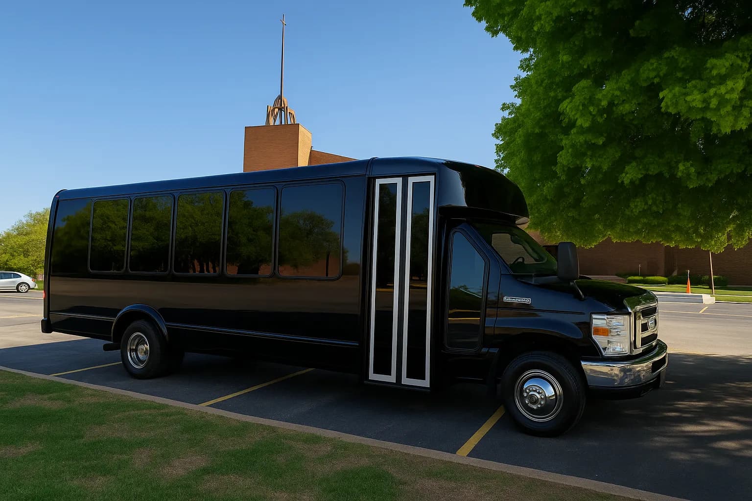 22-passenger party bus exterior with the door open for loading