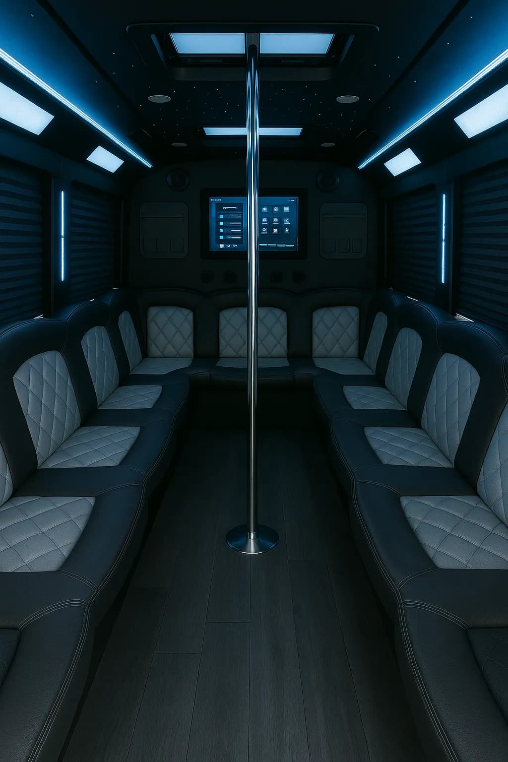 Bar counter and cup holders inside a 22-passenger party bus