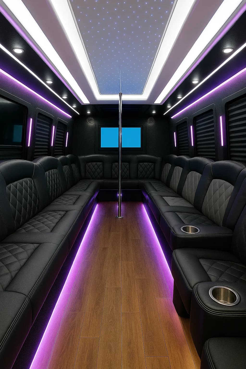 Seating and lighting inside a 28-passenger party bus