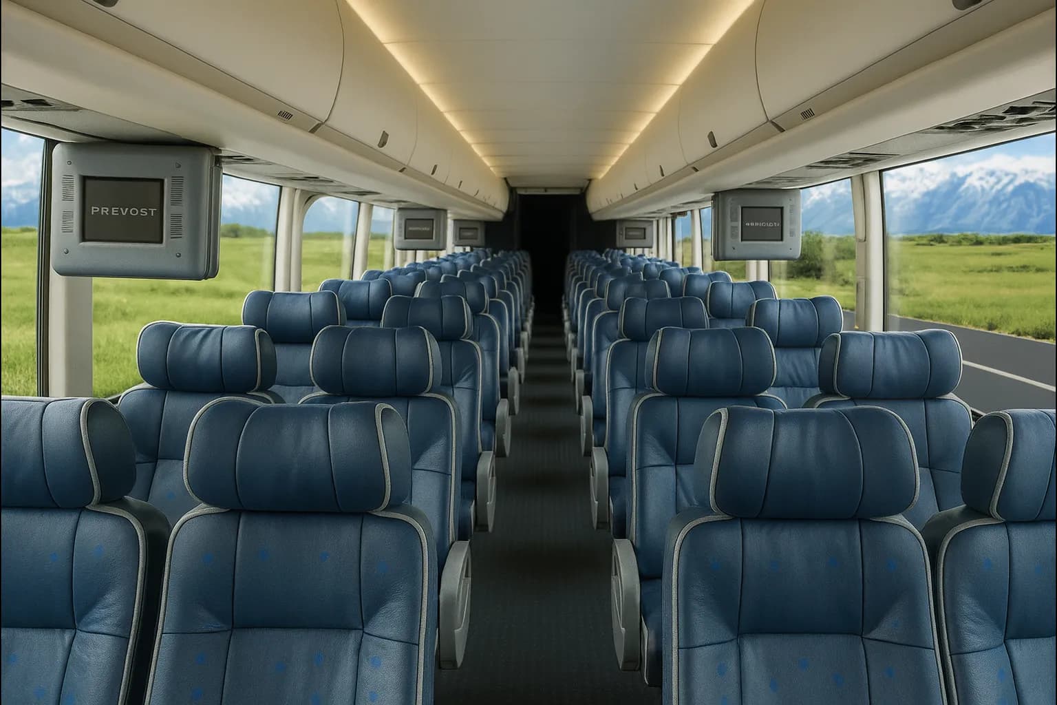 Forward-facing seats inside a 48-passenger coach