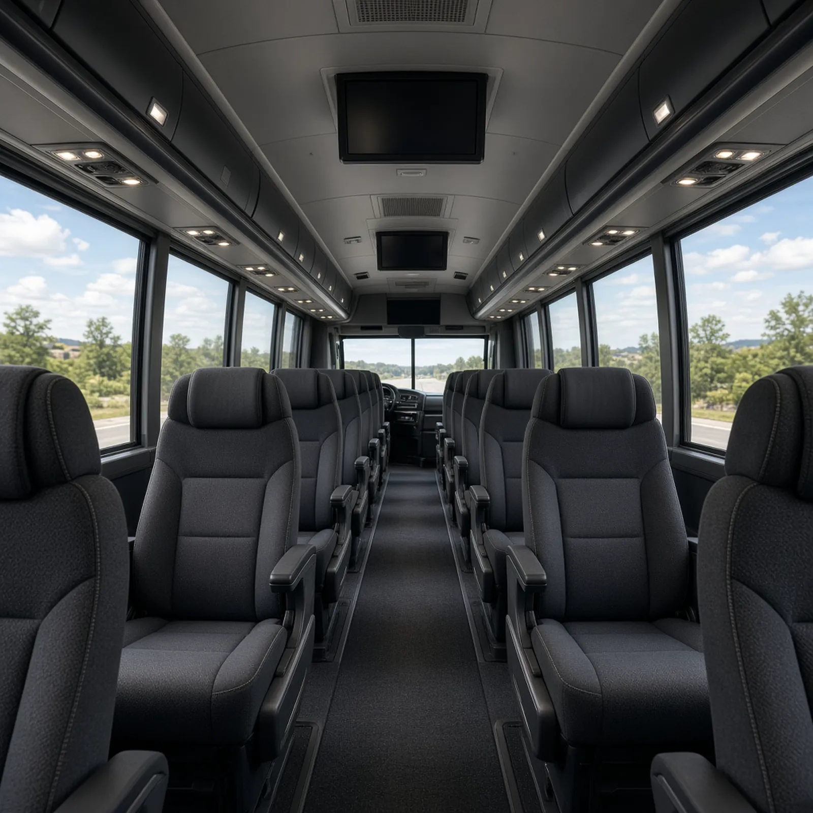 Forward-facing reclining seats inside a 56-passenger coach bus